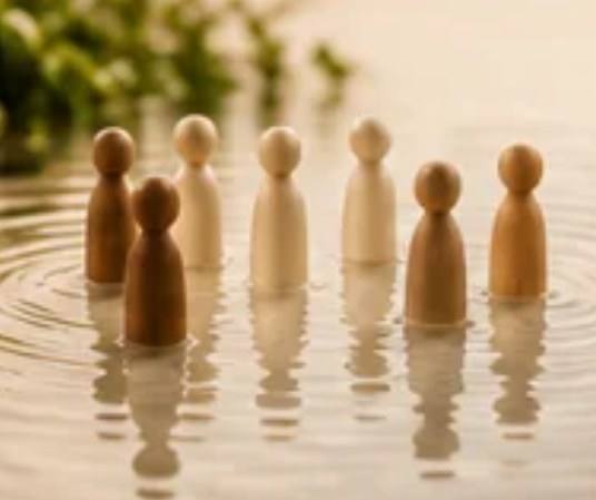 Figurines en bois placées sur l’eau lors d’une constellation familiale