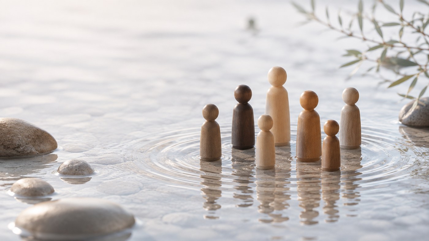 Figurines en bois dans l’eau — constellation familiale