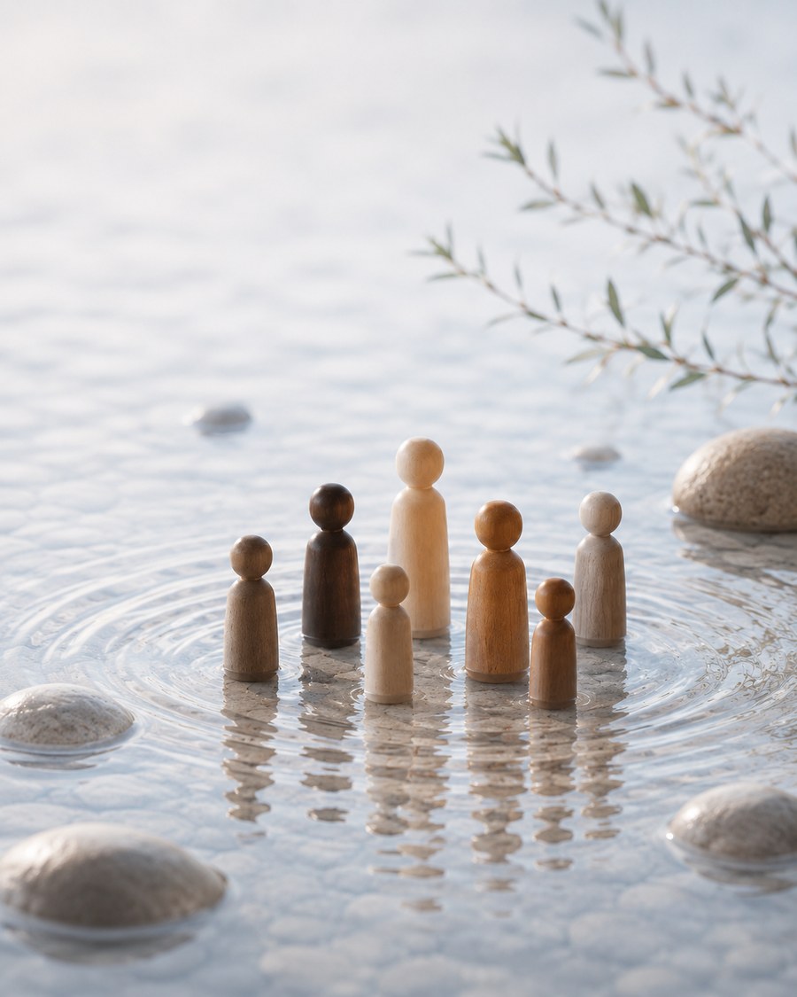 Figurines en bois dans l’eau — constellation familiale